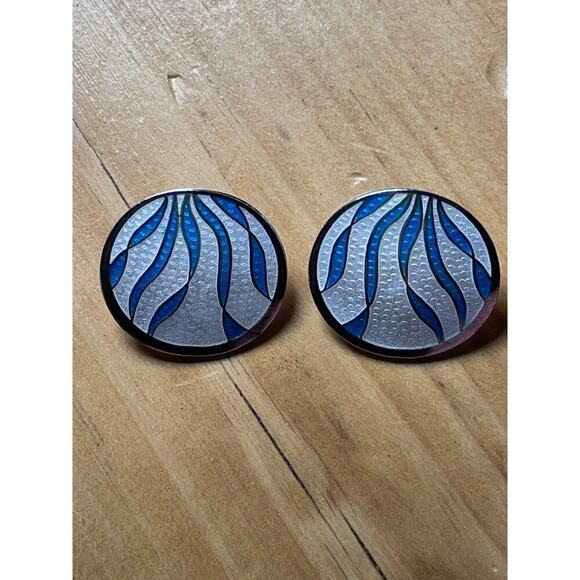 Vintage SITI earrings. Enamel Circle Stud. Sea weed? Blue/White. Signed! - Picture 1 of 3